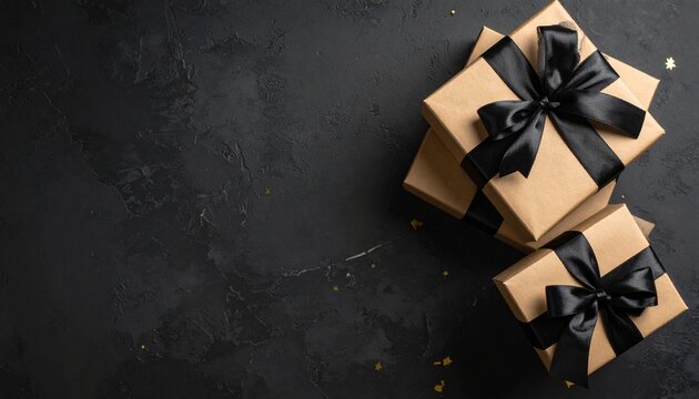 Decorative gift boxes with black ribbons on dark background
