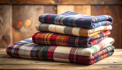 Stack of cozy blankets with autumn leaves and pinecones