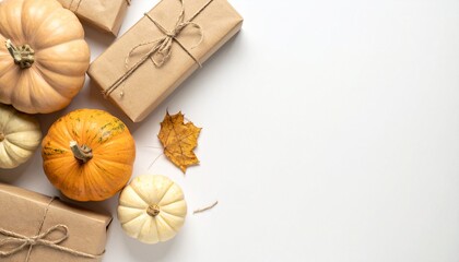 White pumpkins and wrapped gifts on a white background