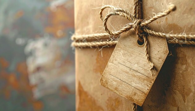 Close-up of a wrapped package with a tag