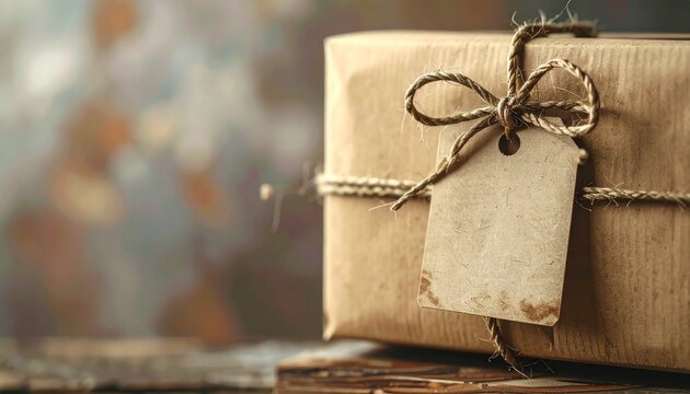 Close-up of a wrapped package with a tag