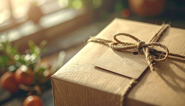 Close-up of a wrapped package with a tag