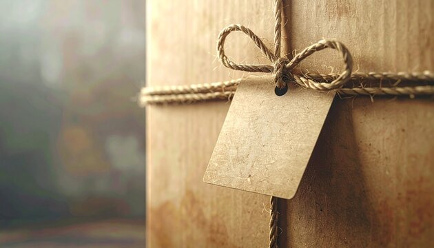 Close-up of a wrapped package with a tag