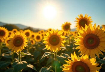 Obraz premium Vibrant Field of Radiant Sunflowers Under Glorious Summer Sunlight Embracing Blue Sky Splendor