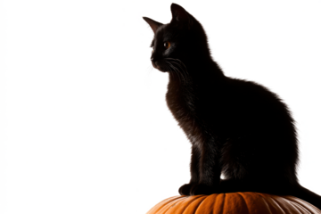 Black cat sitting on a pumpkin Halloween themed isolated on white background