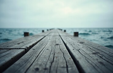 Fototapeta premium A weathered wooden pier extends into the ocean under a cloudy sky