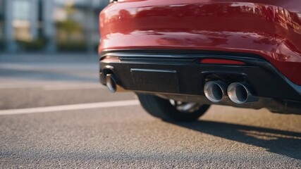 Capture the sleek performance and style of a modern sports car with dual exhaust tips gleaming in the sunlight.