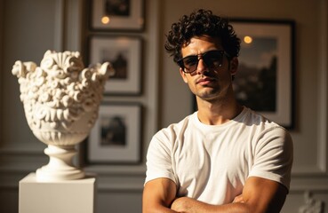 A man with curly hair wearing sunglasses and a white t-shirt stands confidently indoors with framed artwork and a decorative sculpture in the background