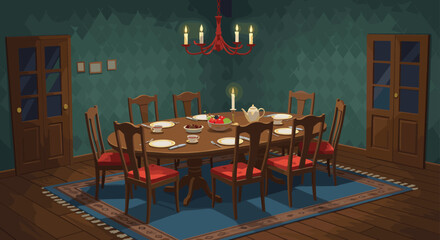 Dining room with oval wooden table, red cushioned chairs, fruit bowl, chandelier lighting, cozy interior setup, home meal arrangement