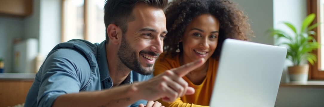 Young couple using laptop in kitchen with happy facial expression, having fun with online content. Laptop displays content sparking laughter and pointing gestures, - Powered by Adobe