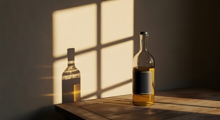 A glass bottle filled with a golden liquid stands on a textured table. Sunlight casts a window shadow on the adjacent textured wall enhancing the still life scene.
