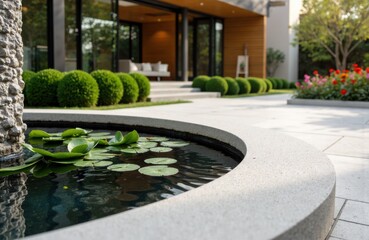 Obraz premium Modern outdoor garden with water feature and lush greenery