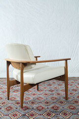 Teak lounge chair, white leather, mcm, midcentury, minimal
