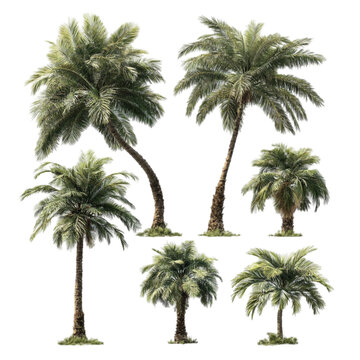 A collection of six realistic tropical palm trees isolated on a white background.