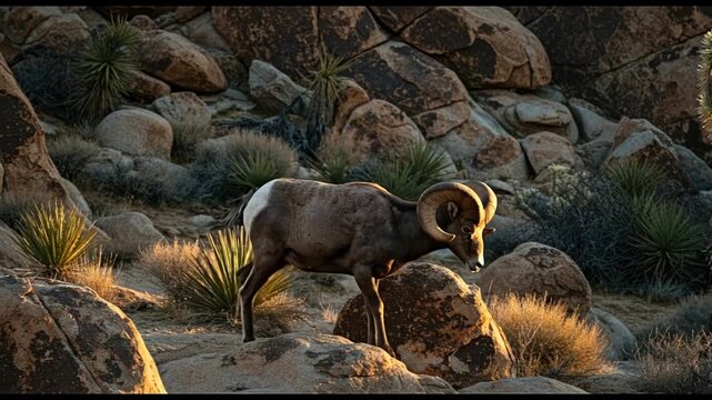Majestic bighorn sheep stands proudly among desert rocks in sunlight