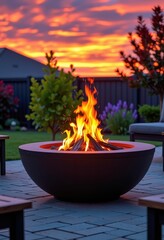 Modern fire pit glows warmly against a vibrant sunset, casting dancing flames and creating a serene outdoor ambiance, design, nature