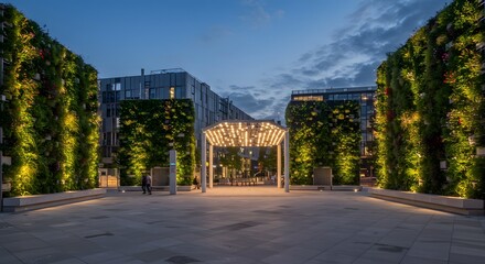 Modern Urban Plaza with Illuminated Canopy and Green Walls at Dusk