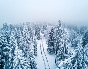 Aerial view of snow-covered pine forest in winter