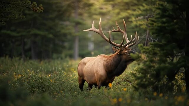 Majestic elk stands proudly in lush forest surrounded by greenery