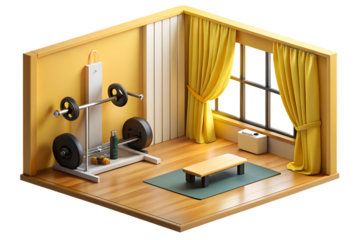 Photo of isometric view of a home gym with a weight rack, barbell, bench, and yellow curtains, isolated on transparent background
