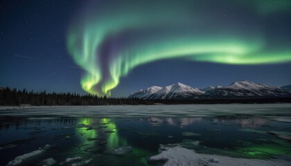 Naklejka premium Northern lights (aurora borealis) dancing over mountains and lake at night. Nature phenomenon, magic sky, arctic travel, adventure, wilderness, and scenic night landscape.