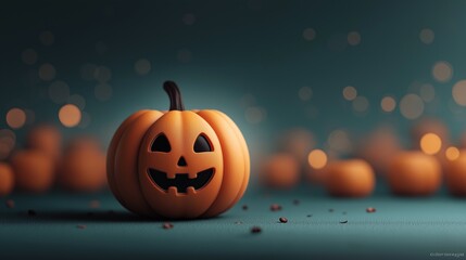 Festive pumpkin with cheerful face on blue background during Halloween season