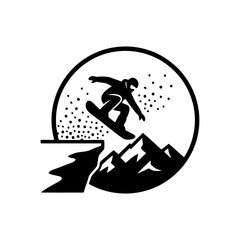 Winter snow activities vector art of silhouette of a snowboarder jumping off a cliff over mountains