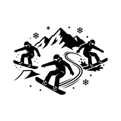 Winter snow activities vector art of snowboarders performing tricks with mountains and snowflakes