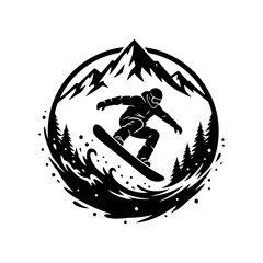 Winter snow activities vector art of snowboarder in action, jumping high with mountains and trees