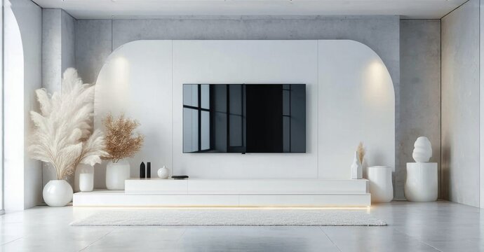Ultra thin glossy flat screen off art room with white cube aesthetic