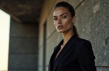 Confident woman with dark hair and sharp features wearing a black blazer outdoors