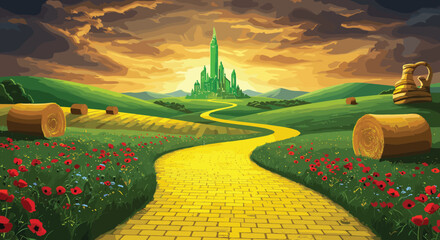 Fantasy landscape with yellow brick road, emerald city, golden boots, red poppies, sunset sky, Wizard of Oz inspired illustration © Fuad Creatives 