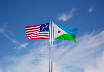 flags of  djibouti and United States of America over blue sky background.