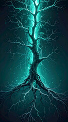 Illustration of a captivating digital rendering of a mystical tree with glowing turquoise light emanating from within its core