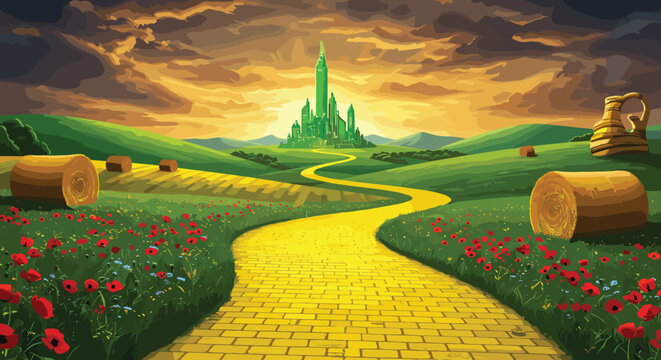 Fantasy landscape with yellow brick road, emerald city, golden boots, red poppies, sunset sky, Wizard of Oz inspired illustration