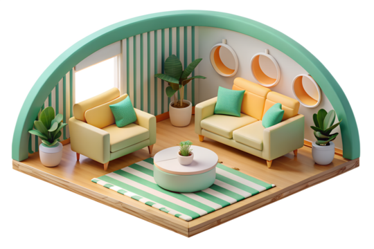 Photo of charming miniature living room with yellow and green furniture, a striped rug, and decorative wall art isolated on transparent background