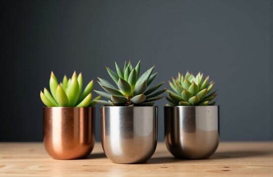 Succulent plants in metallic pots arranged on wooden surface against dark background - Powered by Adobe