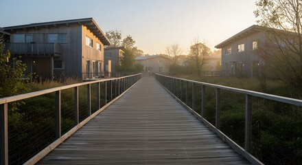 Wooden Walkway Bridge Leading to Modern Residential Buildings During Sunset