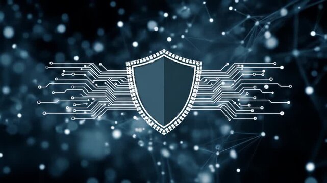 Shield emblem surrounded by glowing circuit-like lines over a blurred bokeh background