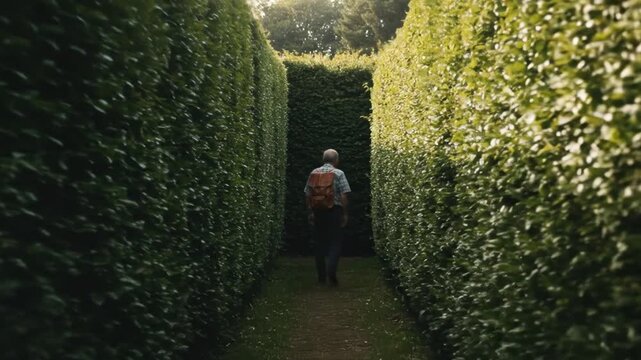 Man walking through a green hedge maze on a sunny day