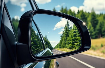 Woman driving car on scenic road with lush green trees and blue sky reflected in side mirror