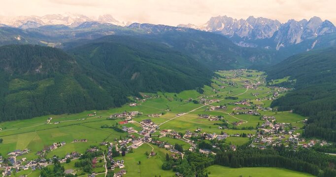 Panoramic Aerial View of Gosau Valley with Dachstein Alps and Alpine Village