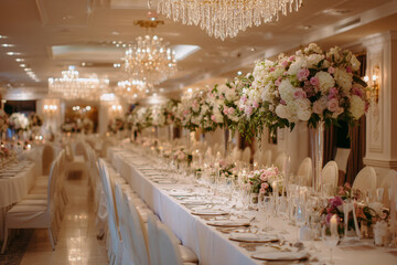 Elegante Hochzeitsdekoration mit Blumen, Kerzen und Kristallgläsern – Luxus-Bankettszene