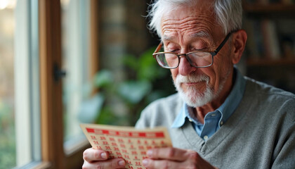 Senior man playing bingo concentrating on his bingo card at home, enjoying leisure time. Bingo game provides mental stimulation for seniors, offering fun in retirement.