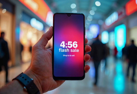 Person holding smartphone displaying flash sale in a shopping mall. Mobile device shows discount advertisement with a vibrant colorful screen, indicating flash sale now.