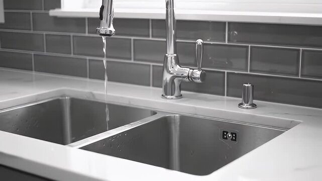 Modern kitchen sink with running water and tiled backsplash in monochromatic tone