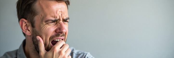 Obraz premium Tooth ache portrait of man feeling intense pain holding his jaw with hand. Tooth ache causes discomfort with pain, as he suffers from toothache and requires emergency dental treatment.