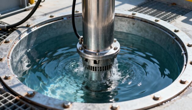 Medium shot of a steel submersible well pump operating robustly in a clear water well showcasing durable metal construction and reliable deep water extraction.