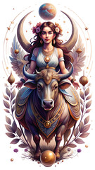 Esoteric Woman with Bull Horns Representing the Taurus Sign, Astrology Art Style 