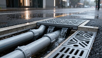Medium shot of urban stormwater drainage system showcasing modern underground pipes and grates integrated into city streets for effective rainwater management.